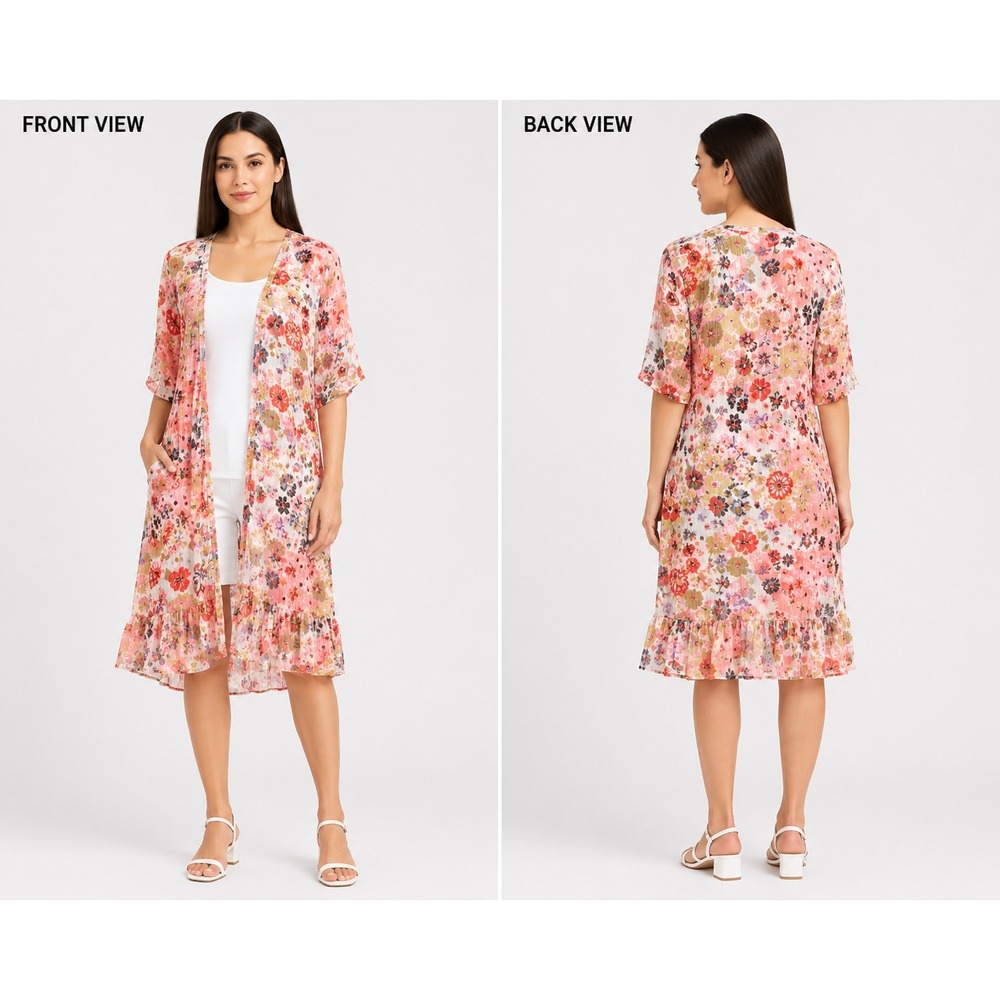 Bindya New York Floral Kimono Duster‎ Pink Gold Lurex Stripe Ruffle Hem One Size